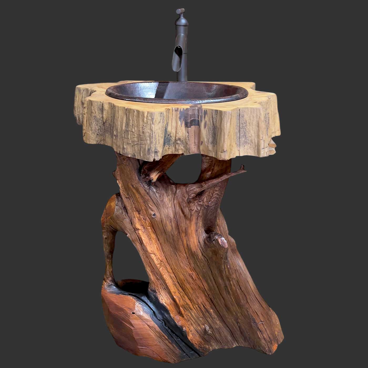 Tree stump rustic vanity with sinker cypress top and hammered copper sink