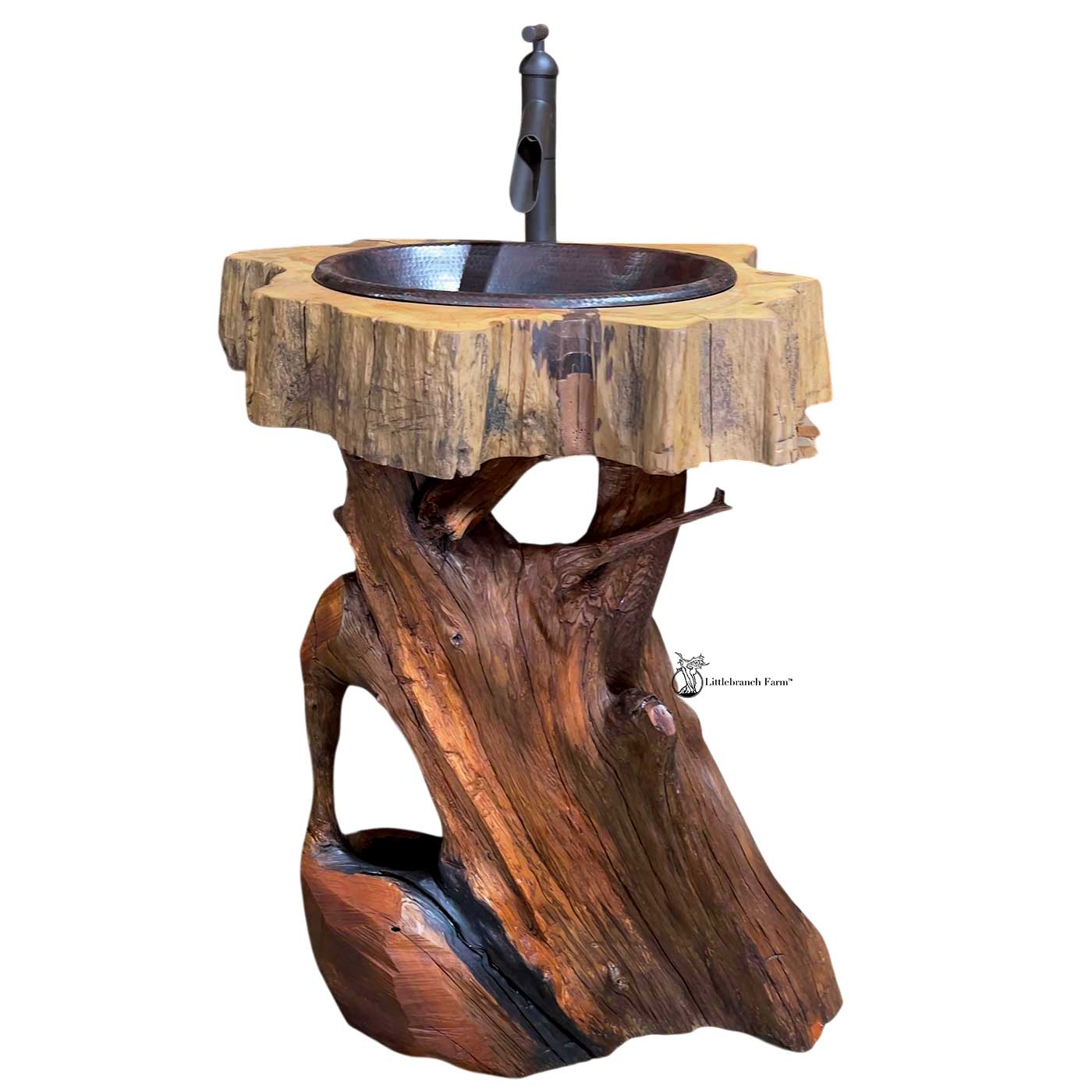 Handcrafted sinker cypress tree stump bathroom vanity with copper sink.