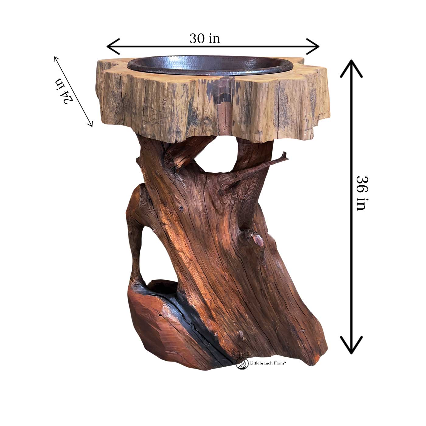 Tree stump rustic vanity dimensions showing width, depth, and height.